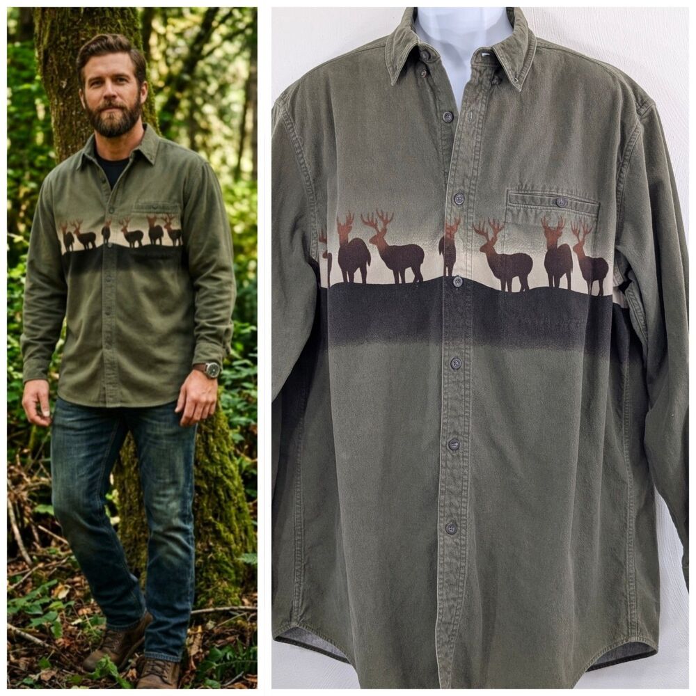 Vintage Woolrich Mens XL Button Down Flannel Shirt Deer Motif Old Money Retro